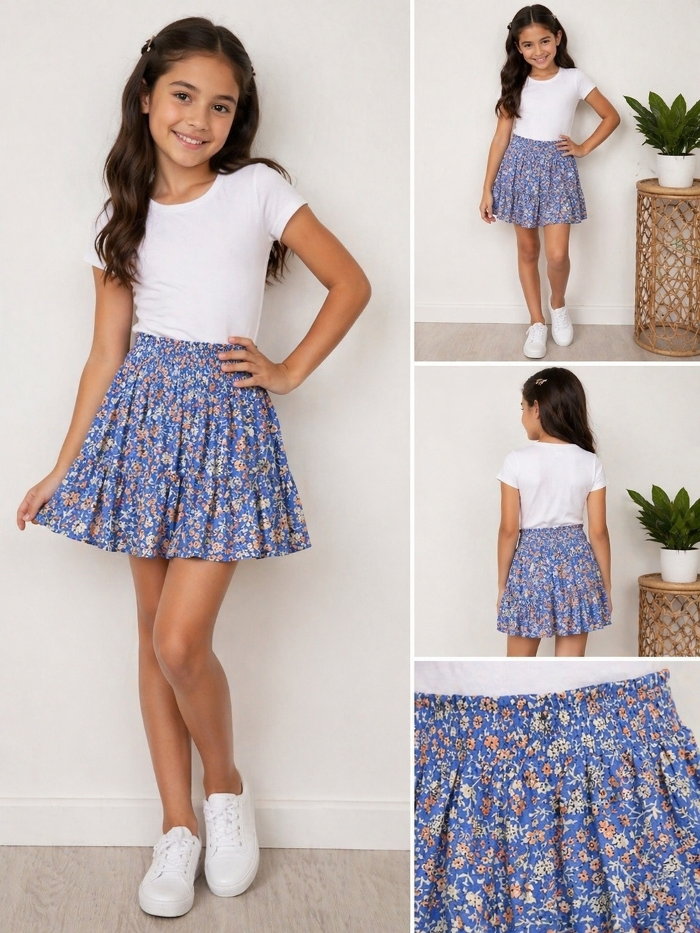 Blue Floral Smocked Waist Skirt